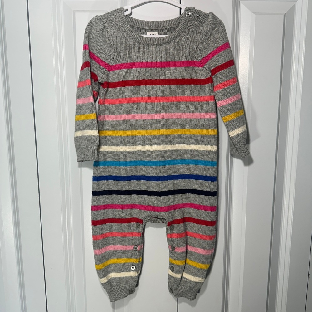 Gap Romper Baby 6-12 Months Grey Rainbow Striped Knit Cotton Jumpsuit‎ Sweater